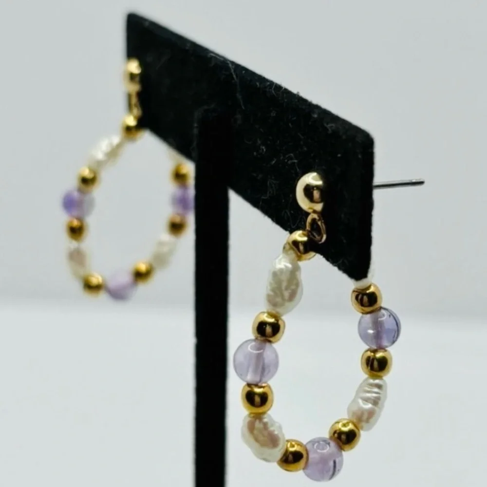 Boho Chic Gold Hoop Earrings with Amethyst & Pearls - Picture 2 of 7
